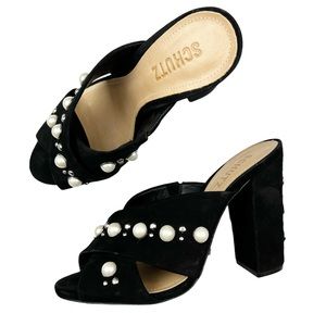 Schutz Gera black suede pearl heel mule sandals size 7
